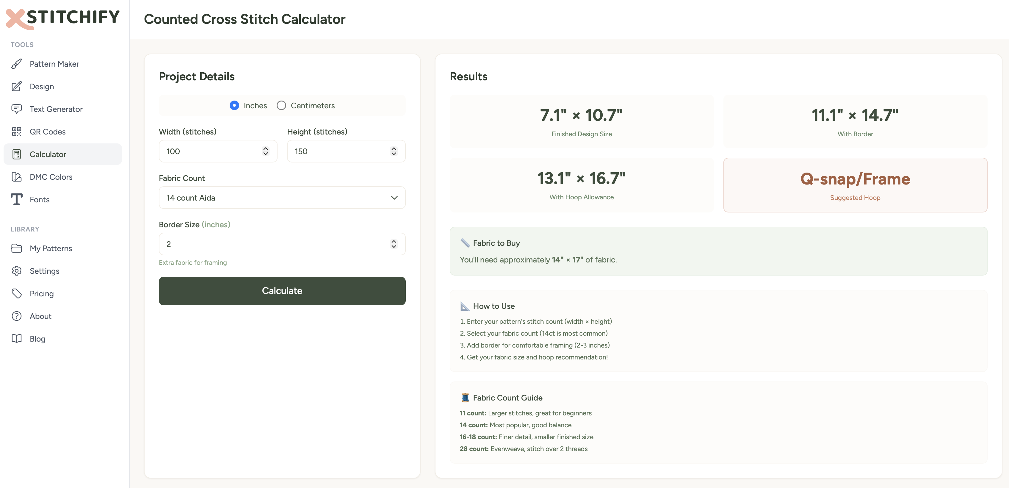 Fabric calculator showing dimensions, hoop size, and fabric needed