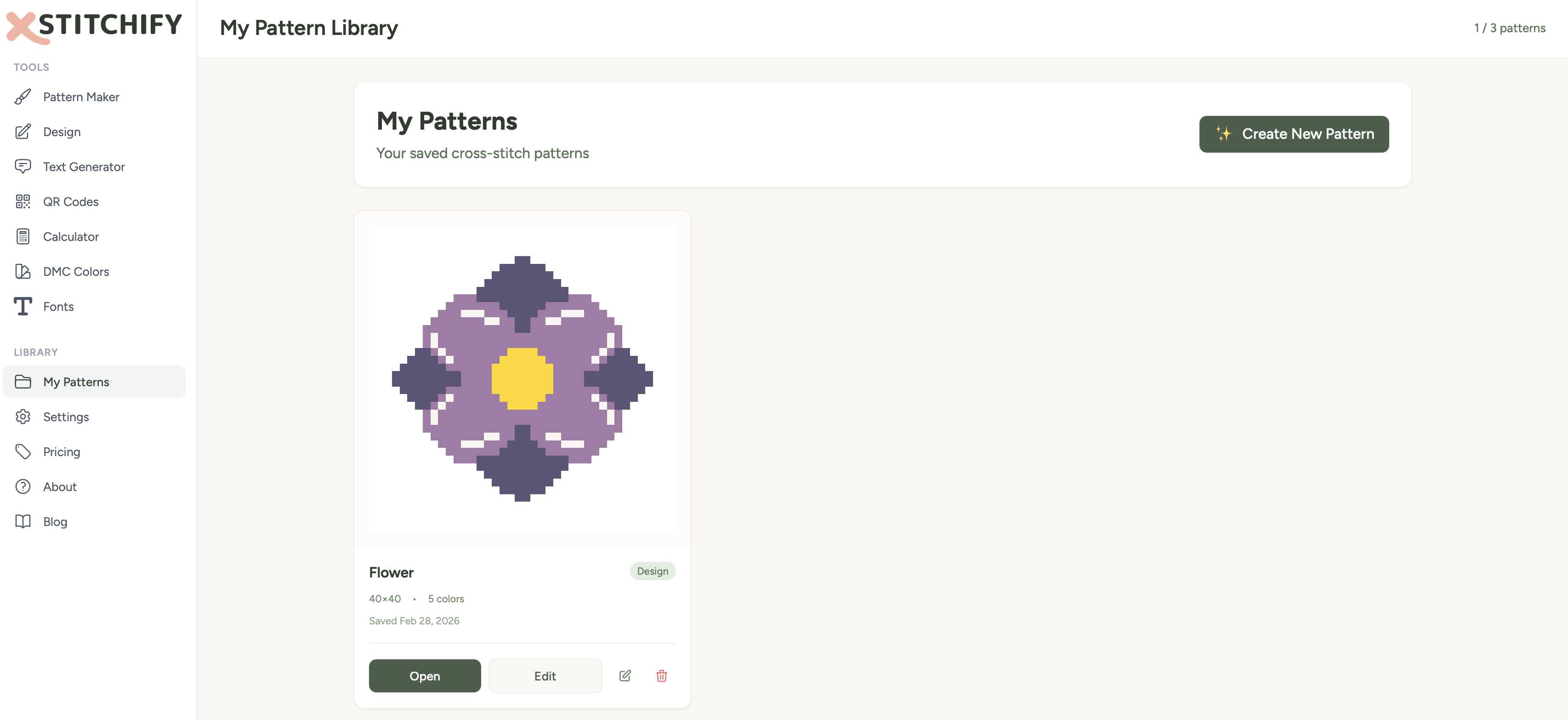 Pattern library showing saved cross stitch designs