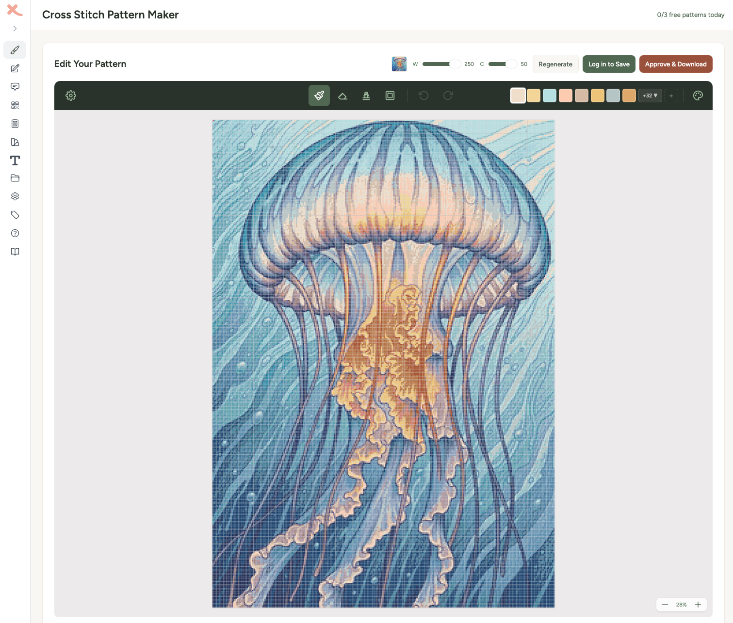 Cross stitch pattern maker showing a jellyfish design with 30 DMC colors