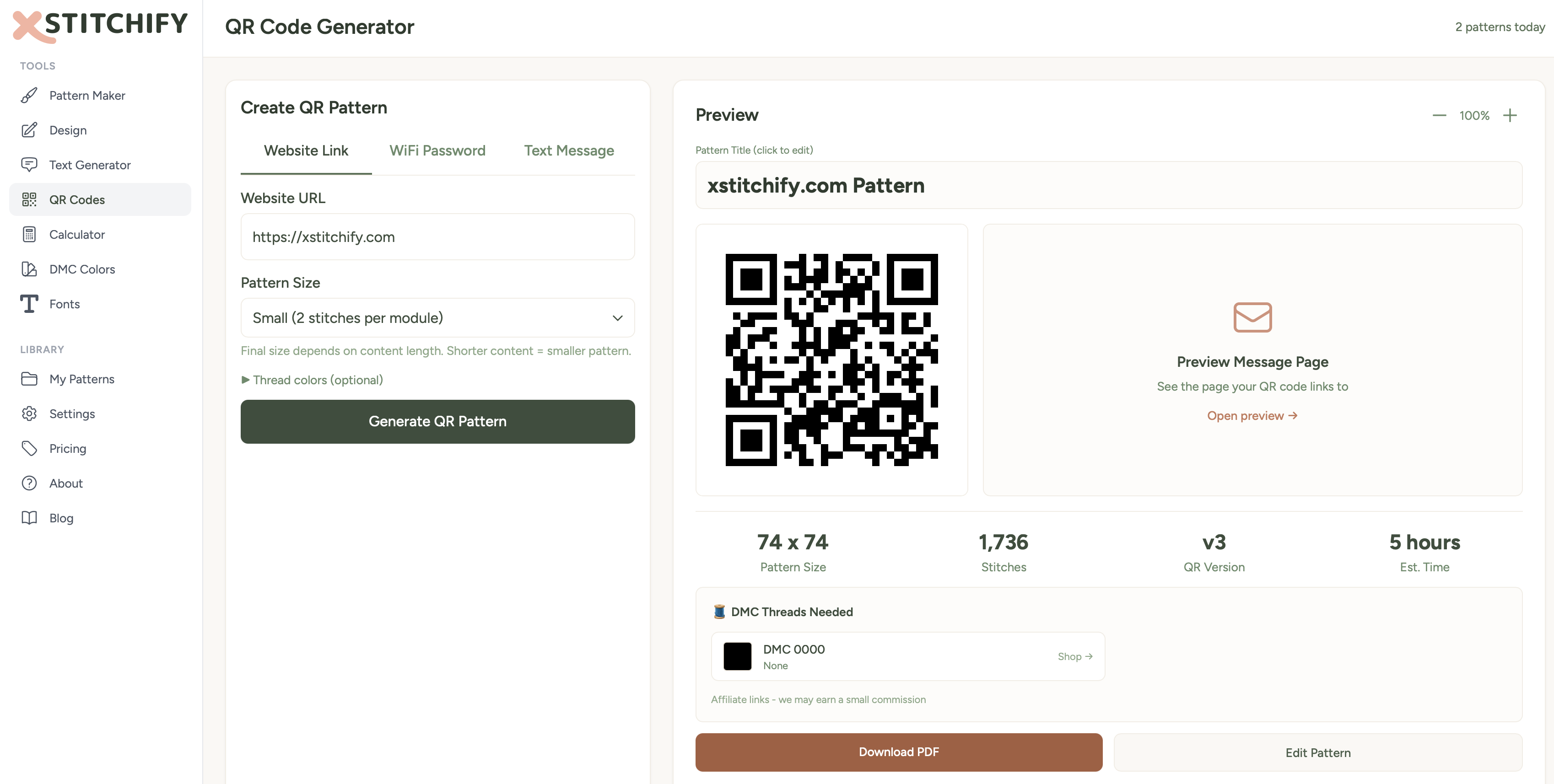 QR code generator creating a scannable cross stitch QR pattern