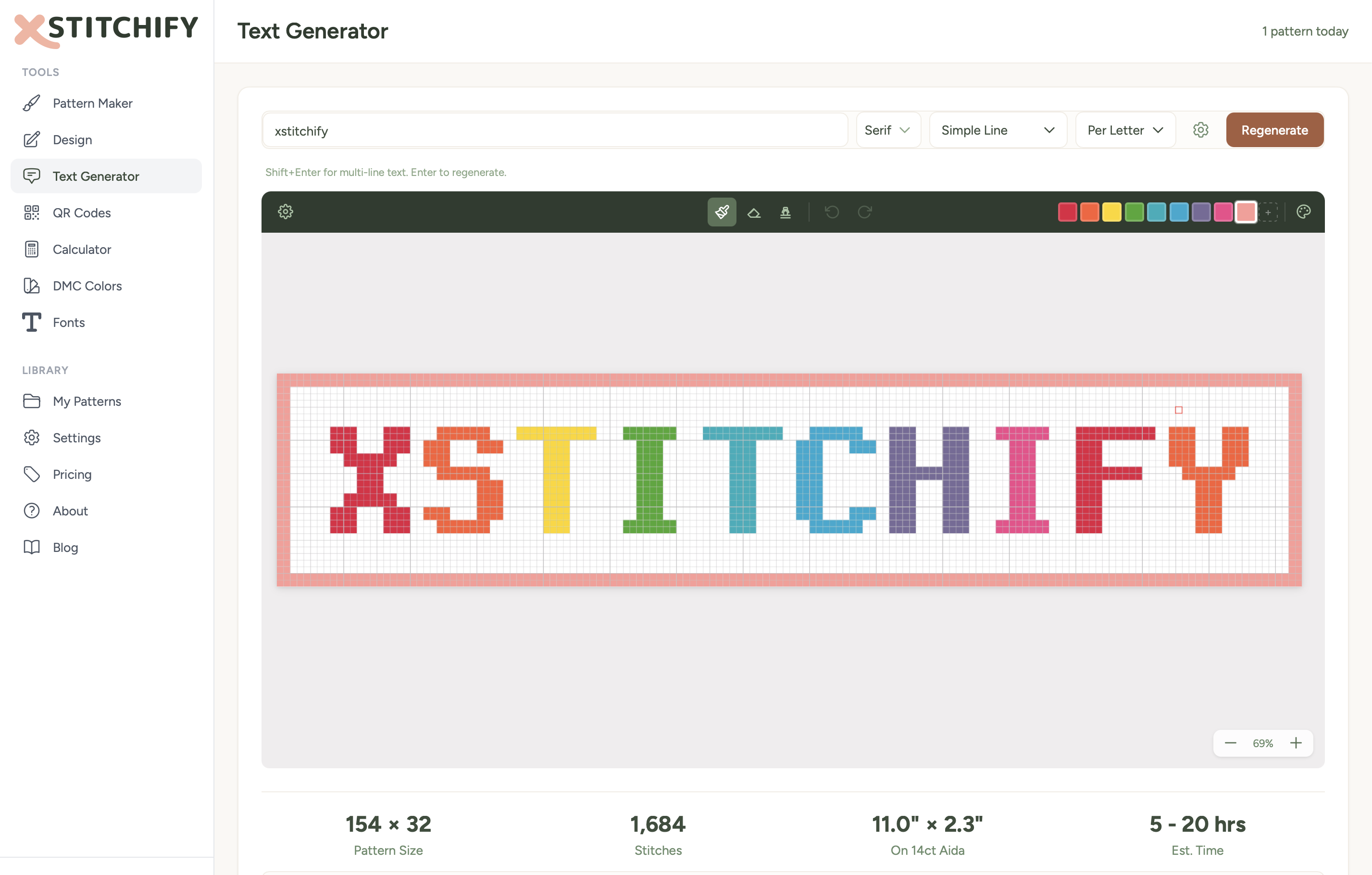 Text Generator showing colorful rainbow cross stitch text