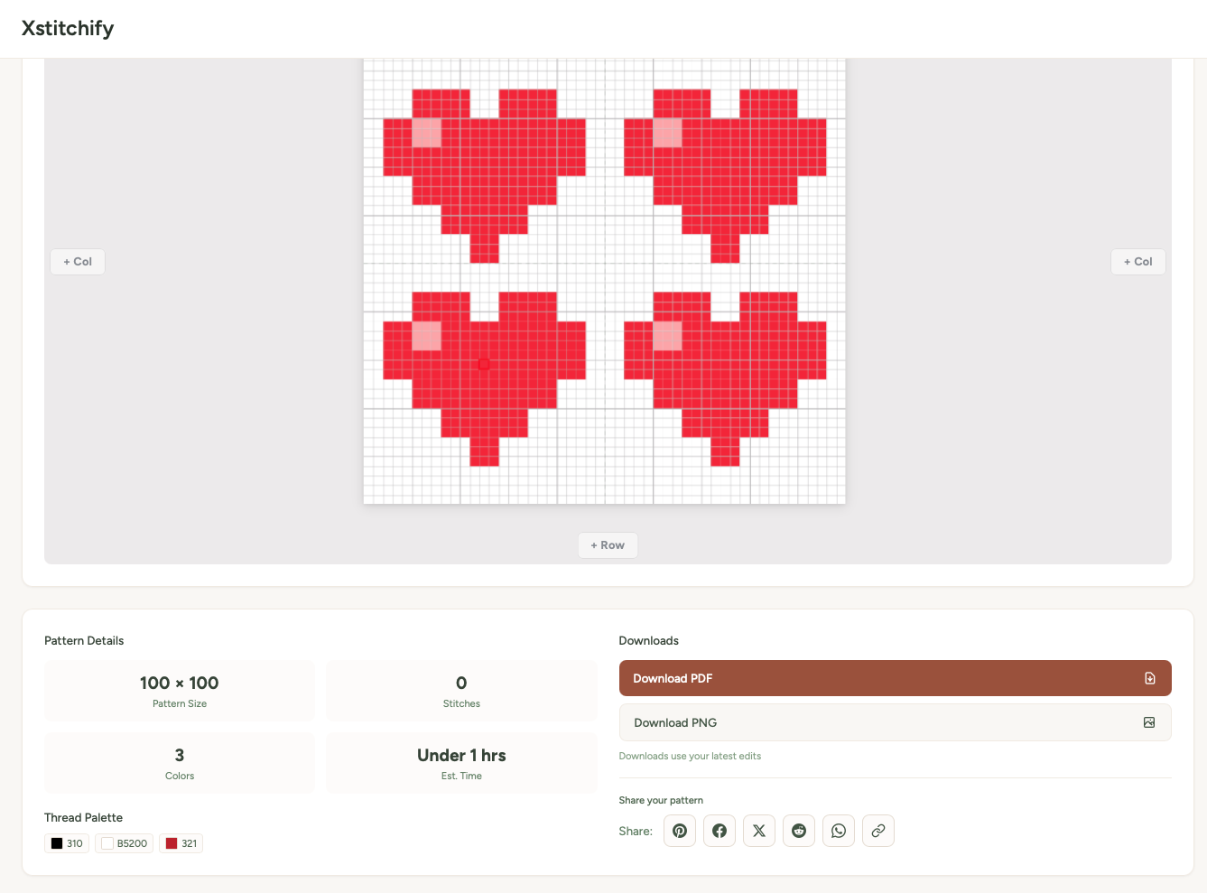 A finished heart design with pattern details showing 100x100 size, 3 colours, thread palette with DMC 310, B5200, and 321, plus Download PDF, Download PNG, and share buttons