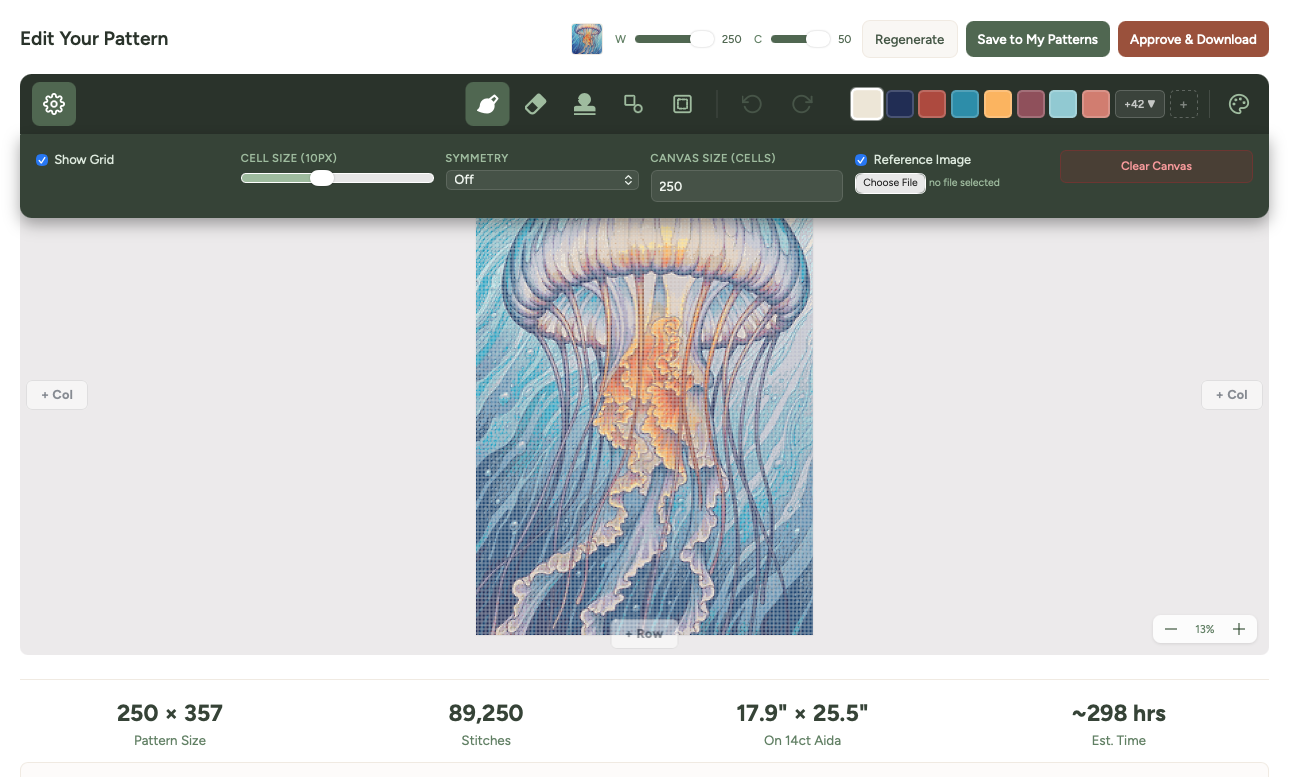 The Pattern Maker editor with settings panel open, showing grid toggle, cell size slider, symmetry selector, canvas size input, reference image option, and clear canvas button