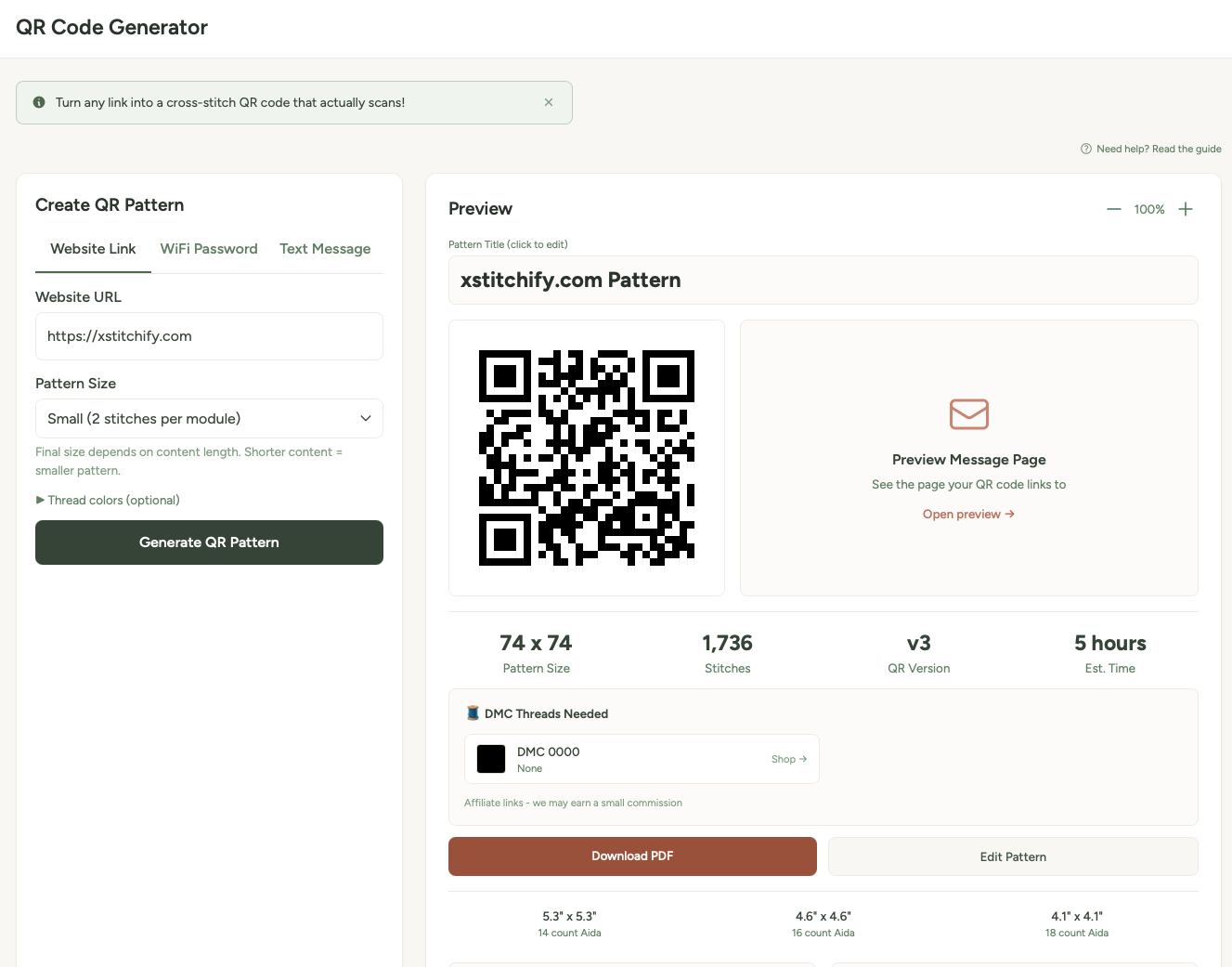 A generated QR code pattern for xstitchify.com showing the pattern preview, message page link, pattern stats, DMC thread list, and Download PDF and Edit Pattern buttons