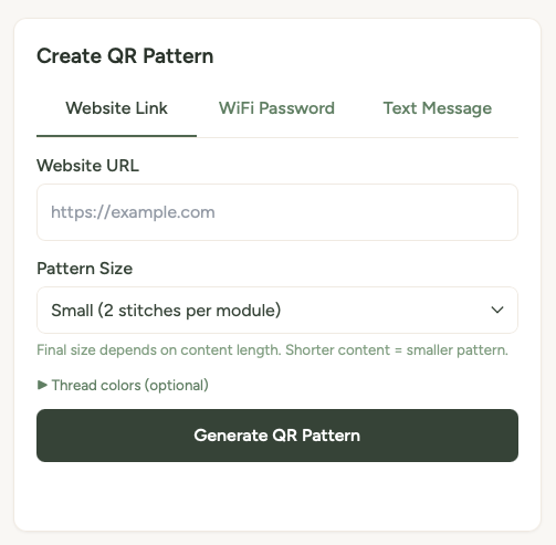 The QR Generator showing Website Link, WiFi Password, and Text Message tabs, with URL input, pattern size selector, and Generate QR Pattern button