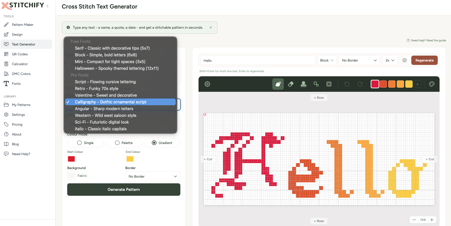 The Text Generator showing the font selector dropdown with free and pro fonts, colour mode options, and a gradient text pattern preview